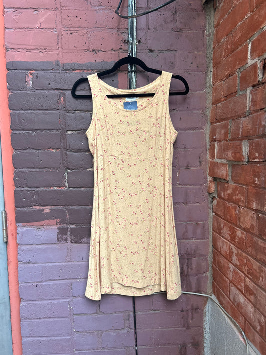90's Vintage Soft Yellow Floral Mini Dress / Size 4