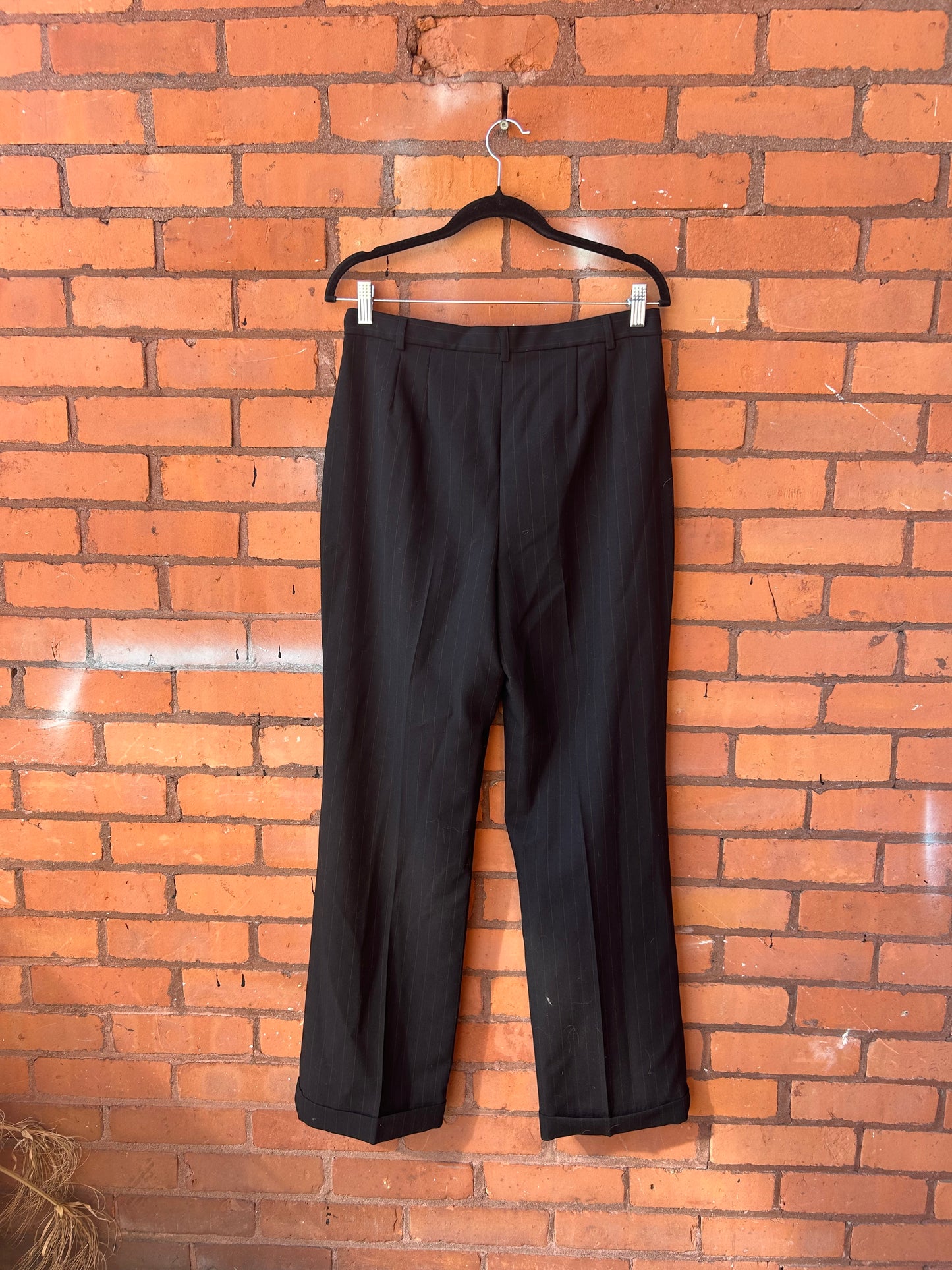 90’s Vintage Black Pinstripe Wool Trousers / 32 Waist