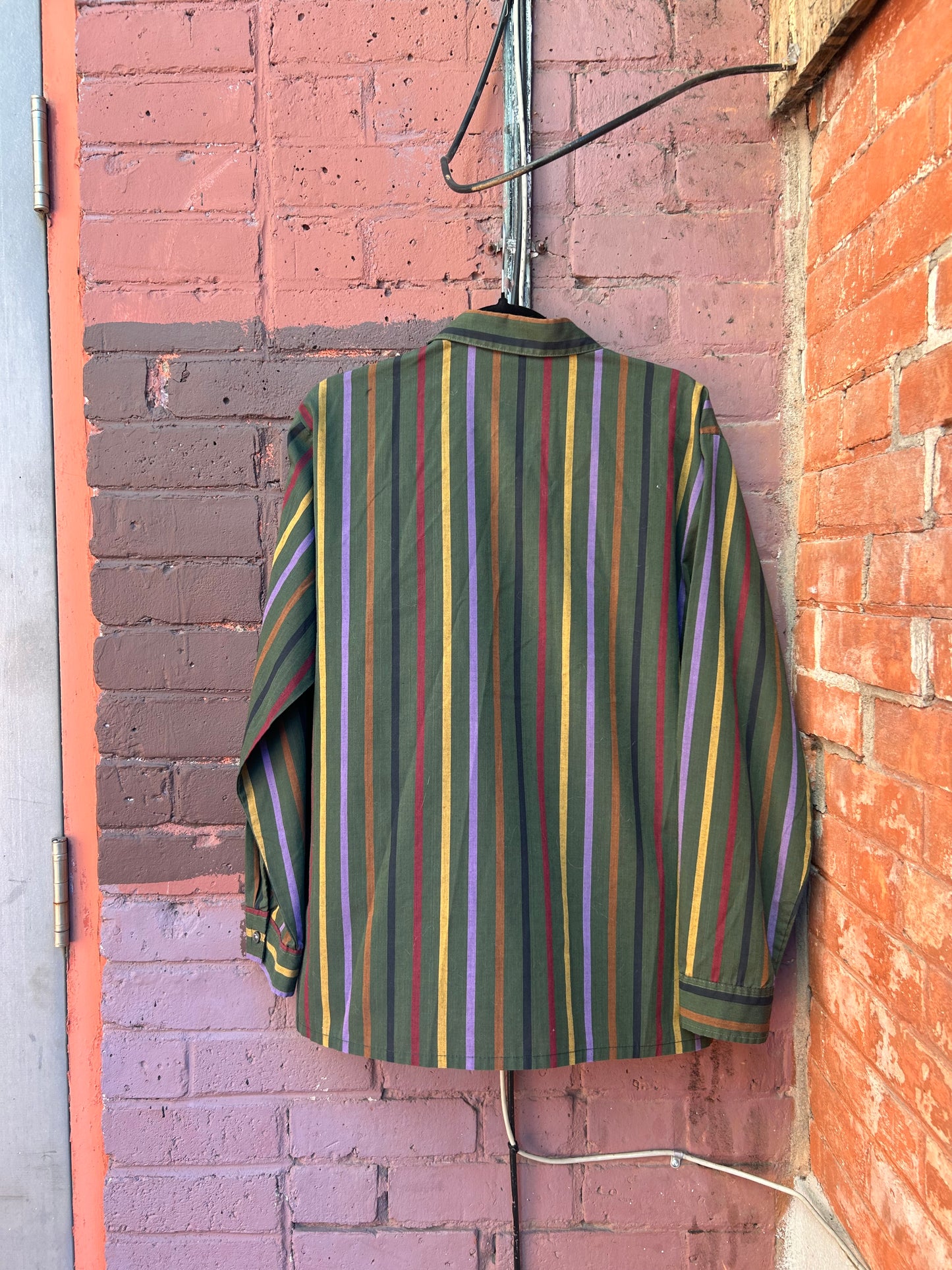 90's Vintage Green & Rainbow Striped Button Down Shirt / Size M