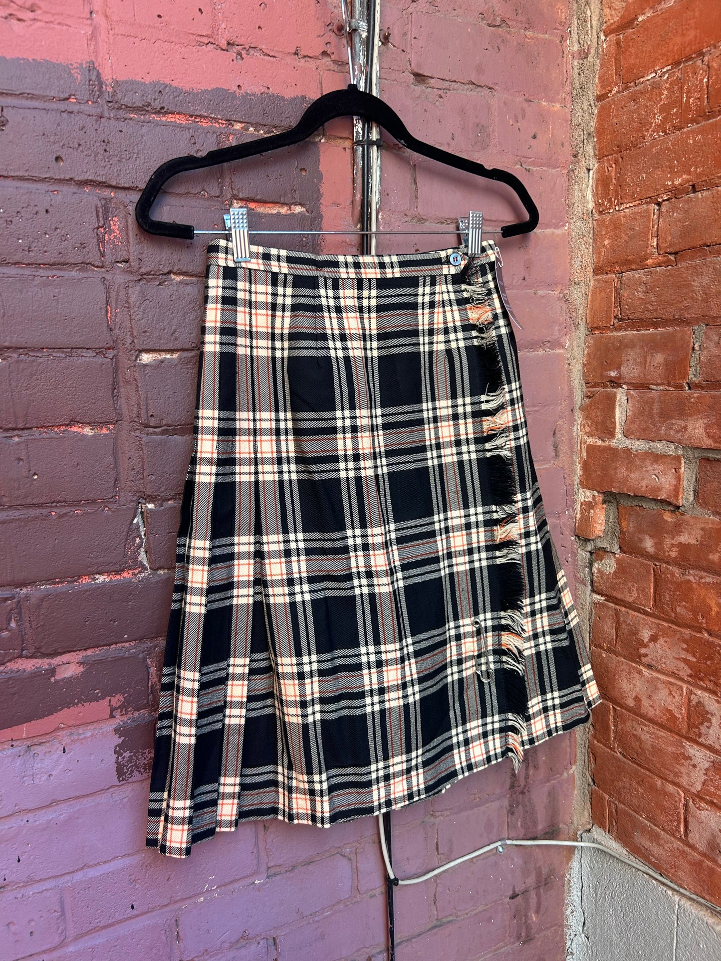 80's Vintage Black & Orange Tartan Wool Midi Skirt / 26 Waist