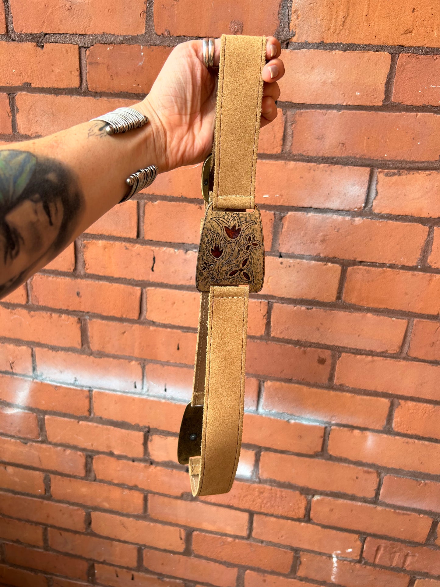Y2K Vintage Brown Suede Leather Floral Belt / 34 - 38 Waist