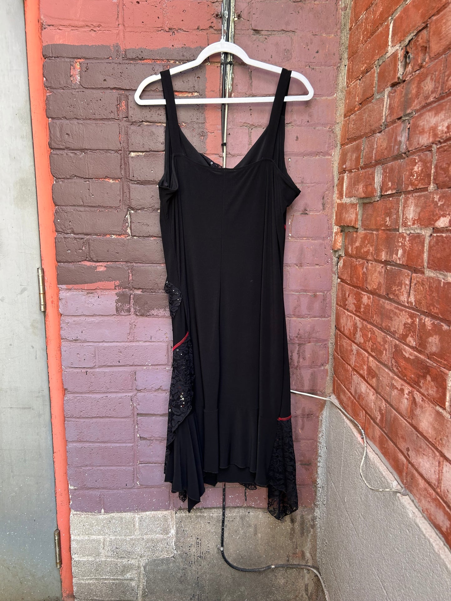 90's Vintage Black Lace & Red Stitch Midi Dress / Size XXL