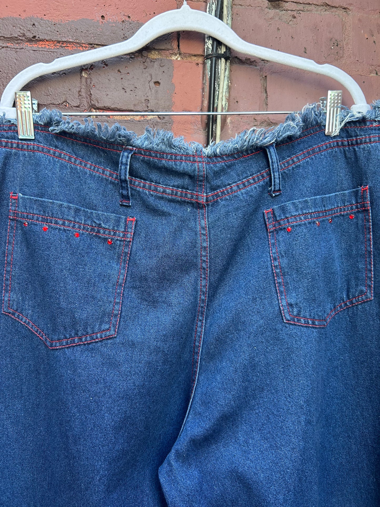 Y2K Vintage Blue & Red Rhinstone Fray Flare Jeans / 44 Waist
