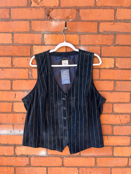 90’s Vintage Navy & Gold Pinstripe Suede Vest / Size 3X