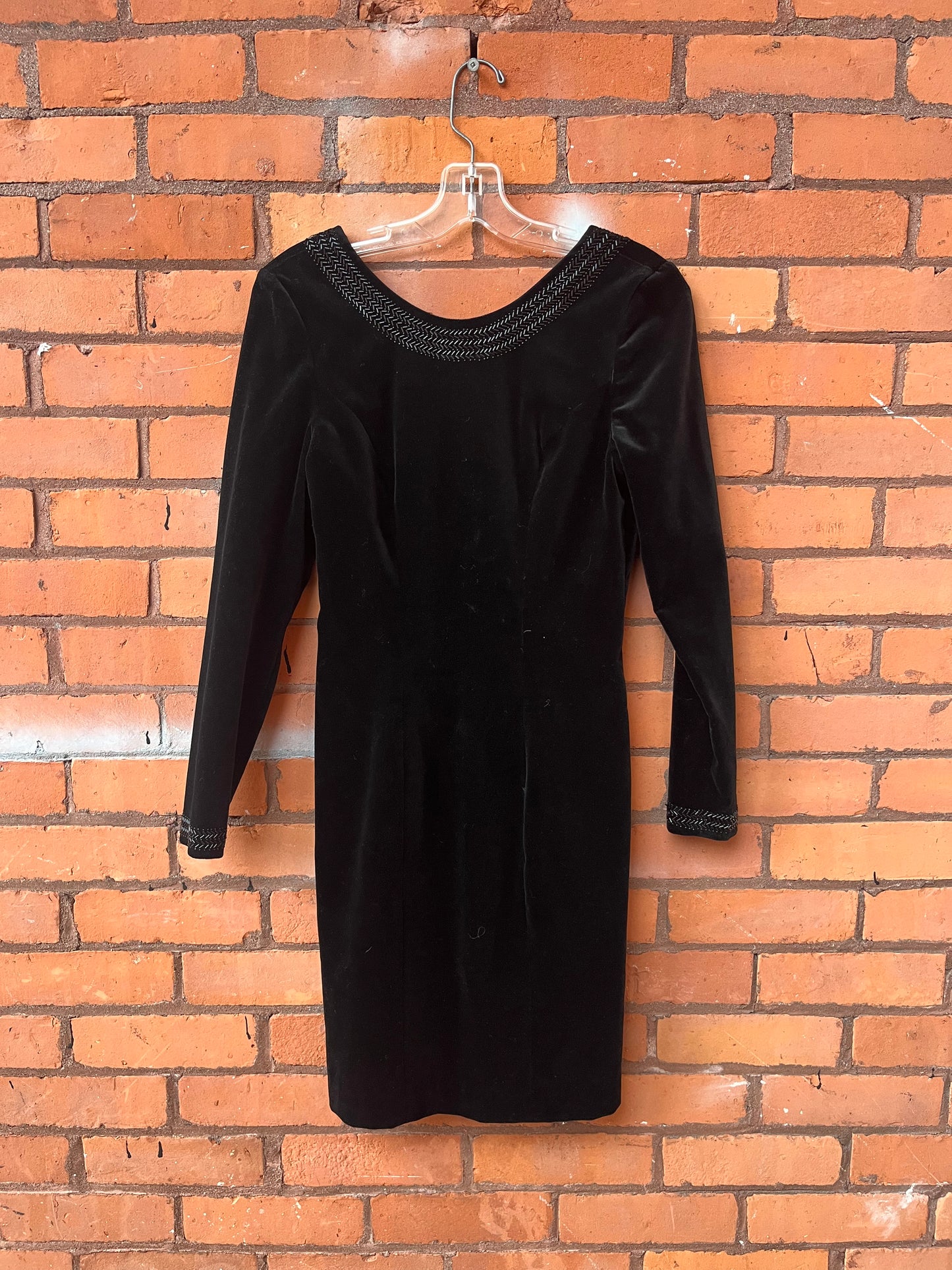 90’s Vintage Laura Ashley Black Velvet Beaded Longsleeve Mini Dress / Size 4