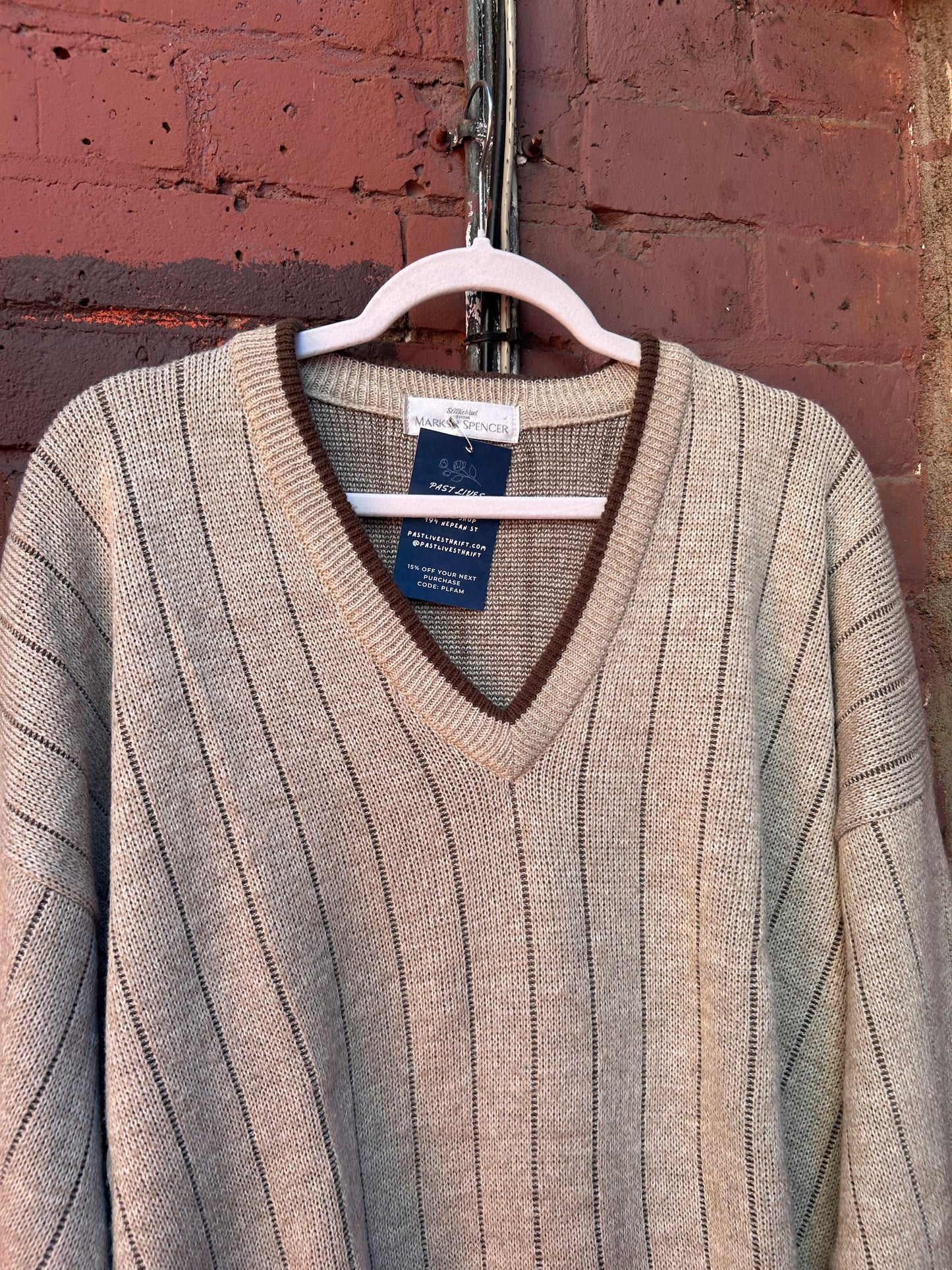 90's Vintage Beige & Brown Striped V-Neck Knit / Size XXL