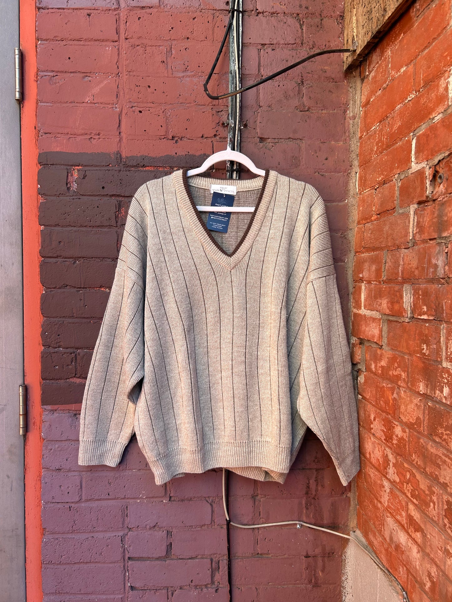 90's Vintage Beige & Brown Striped V-Neck Knit / Size XXL
