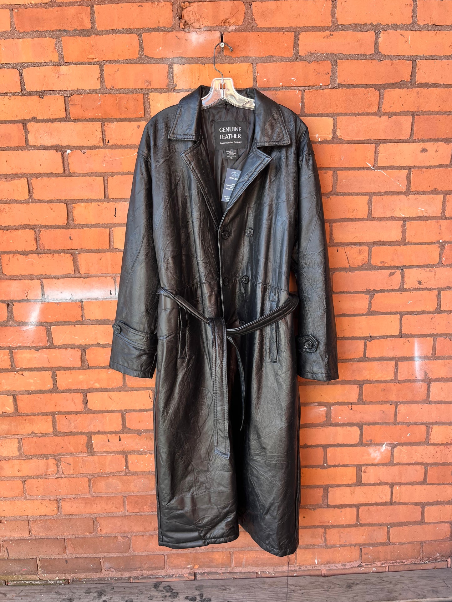 90’s Vintage Black Leather Patchwork Double Breasted Trench Coat / Size XL