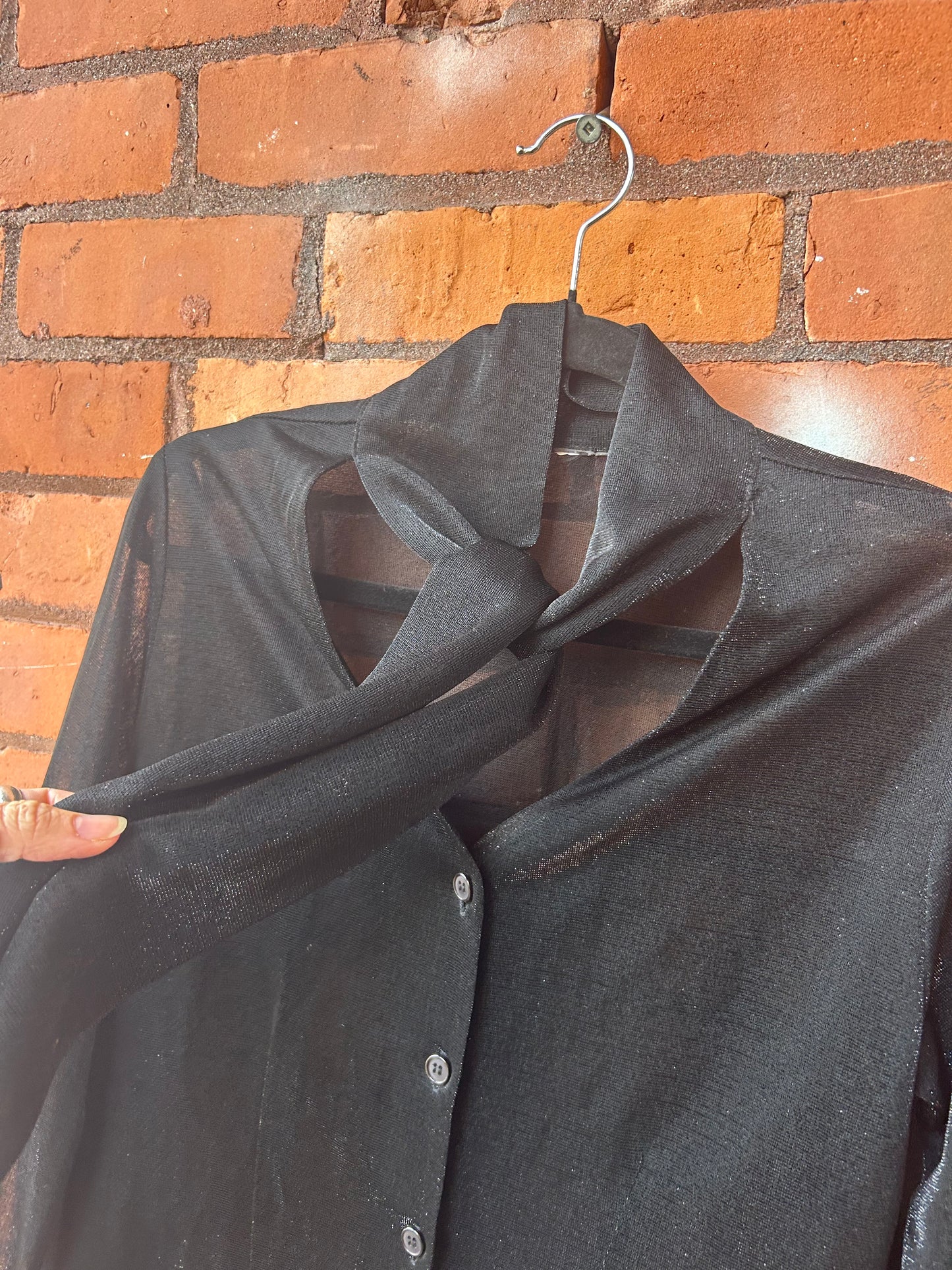 90’s Vintage Sheer Sparkly Black Tie Blouse / Size M