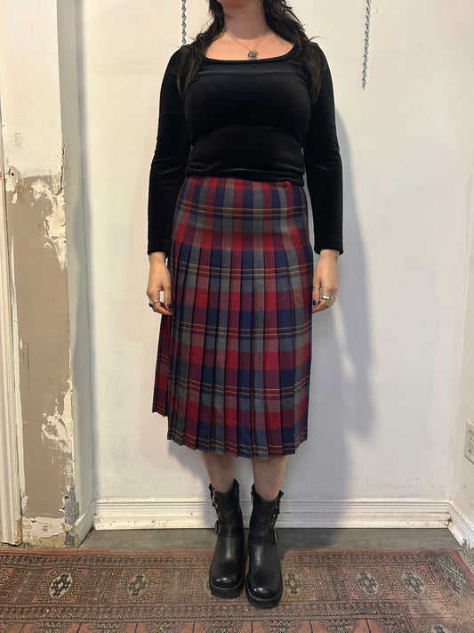70’s Vintage Magenta & Blue Plaid Wool Midi Skirt / 28 Waist