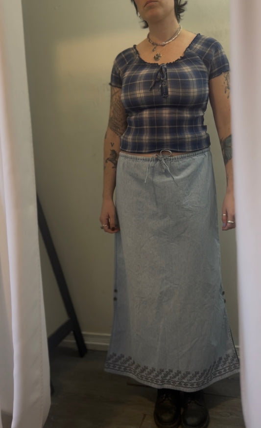 Y2K Vintage Blue Plaid Cotton Milkmaid Top / Size S