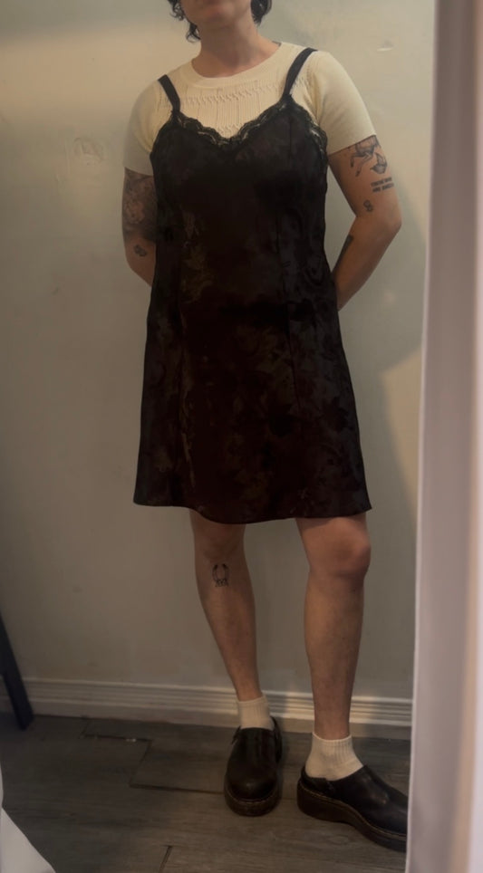 90’s Vintage Black Satin Floral Slip Dress / Size M