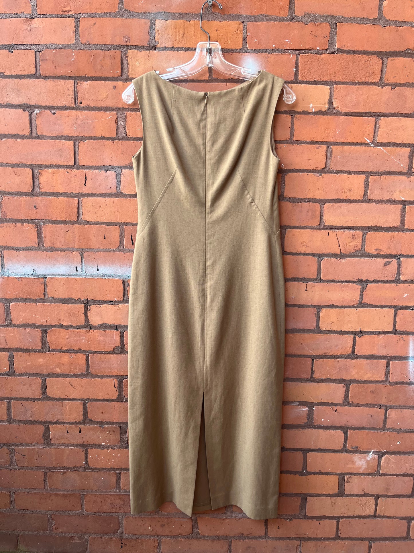 90’s Vintage Brown Linen Blend High Neck Midi Dress / Size 4