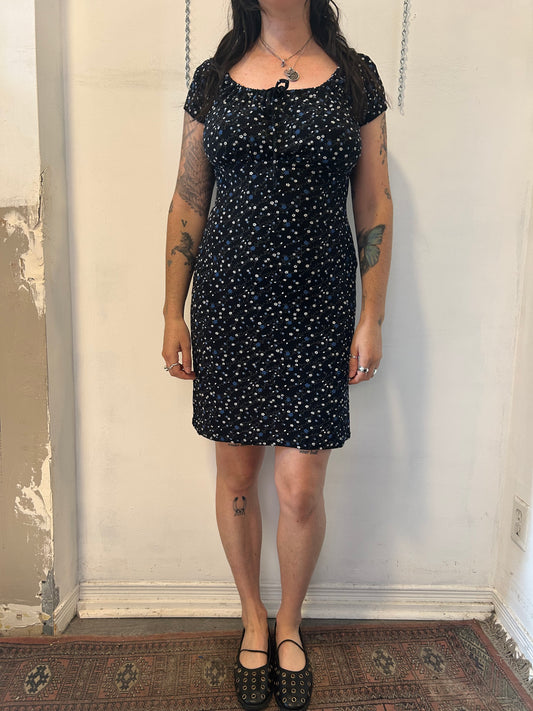 90’s Vintage Blue Foral Milkmaid Slinky Mini Dress / Size L