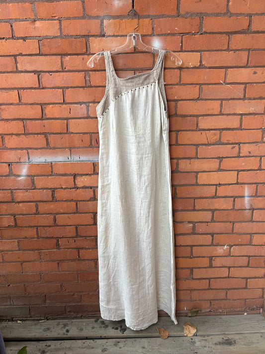 90’s Vintage Beige & Striped Linen Maxi Dress / Size 12