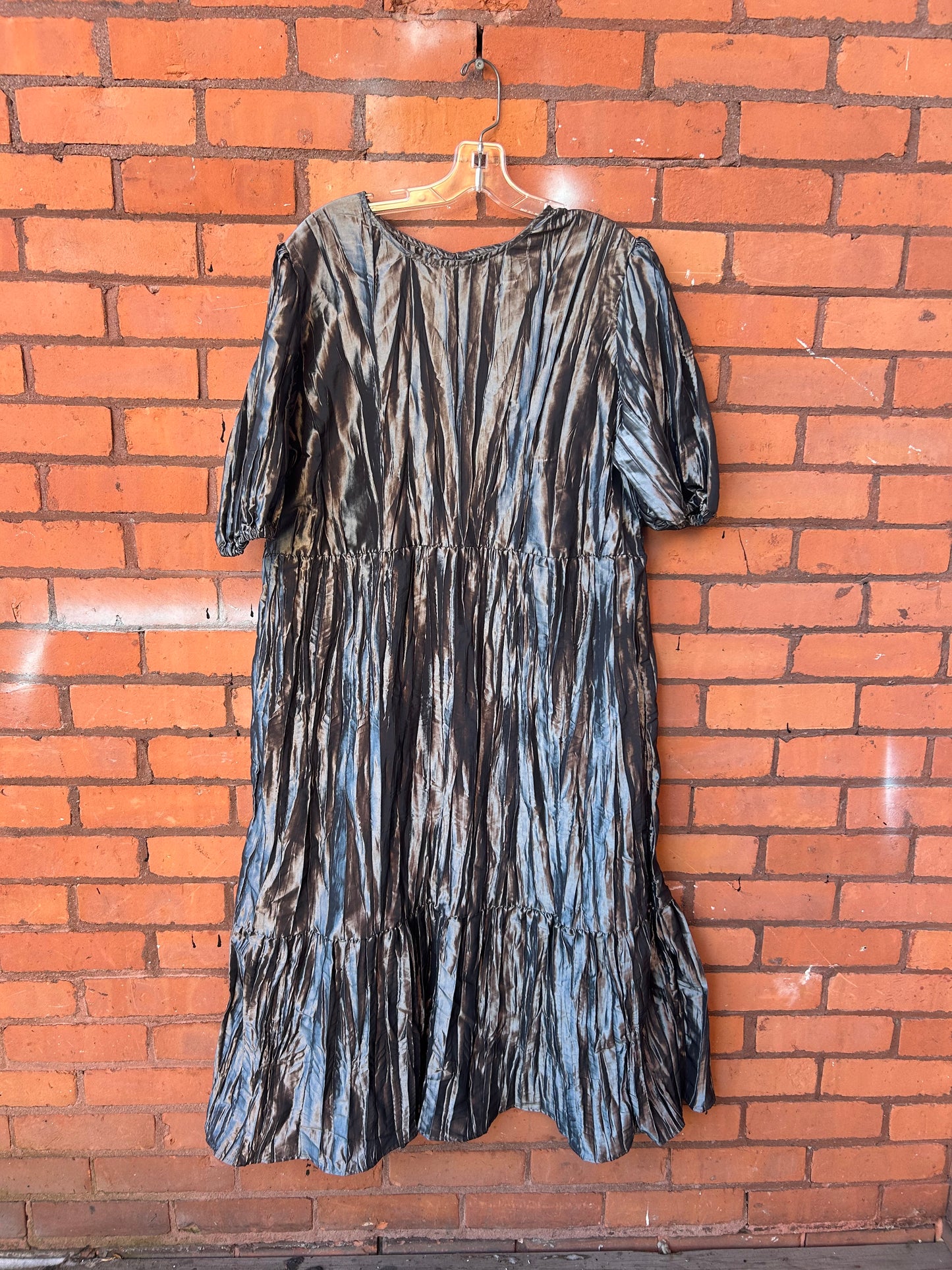 Y2K Vintage Silver Metallic Puff Sleeve Tiered Maxi Dress / Size 3X-4X