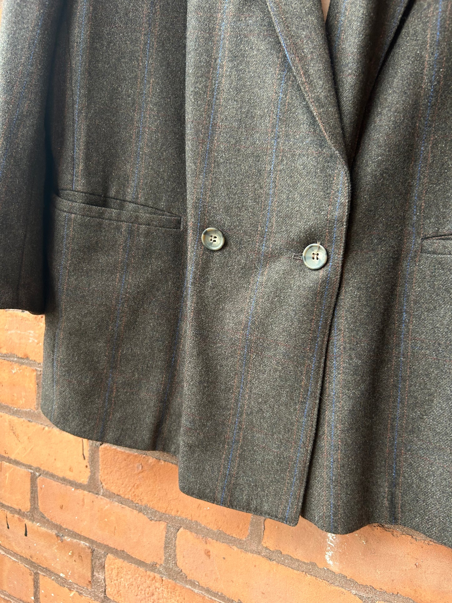 90’s Vintage Brown & Blue Stripe Wool Double Breasted Blazer / Size XL