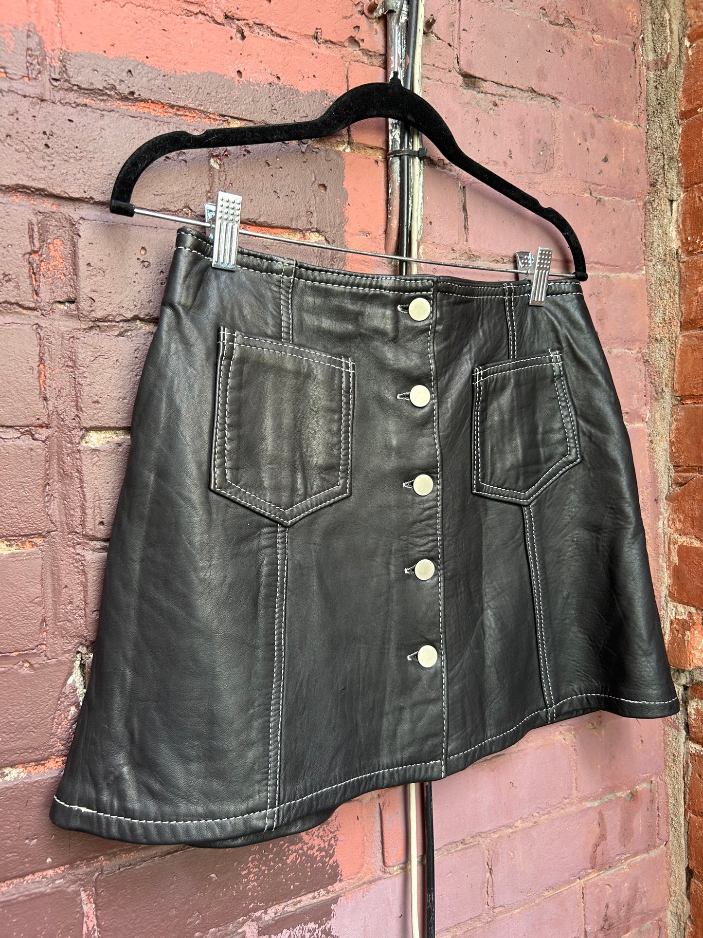 90's Vintage Black Leather Button Down Mini Skirt / 30 Waist