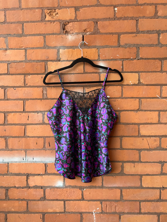 90’s Vintage Purple & Pink Paisley Satin Lace Tank Top / Size L