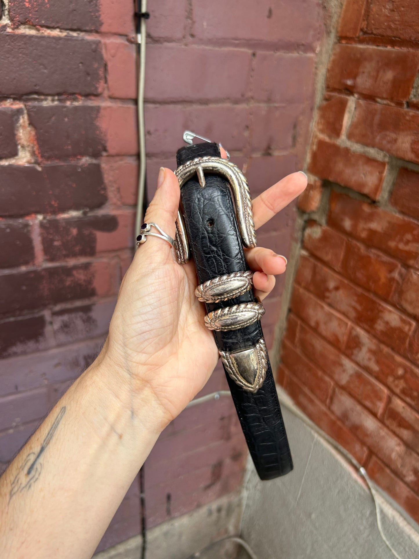 90's Vintage Black Leather Western Belt / Size S-M