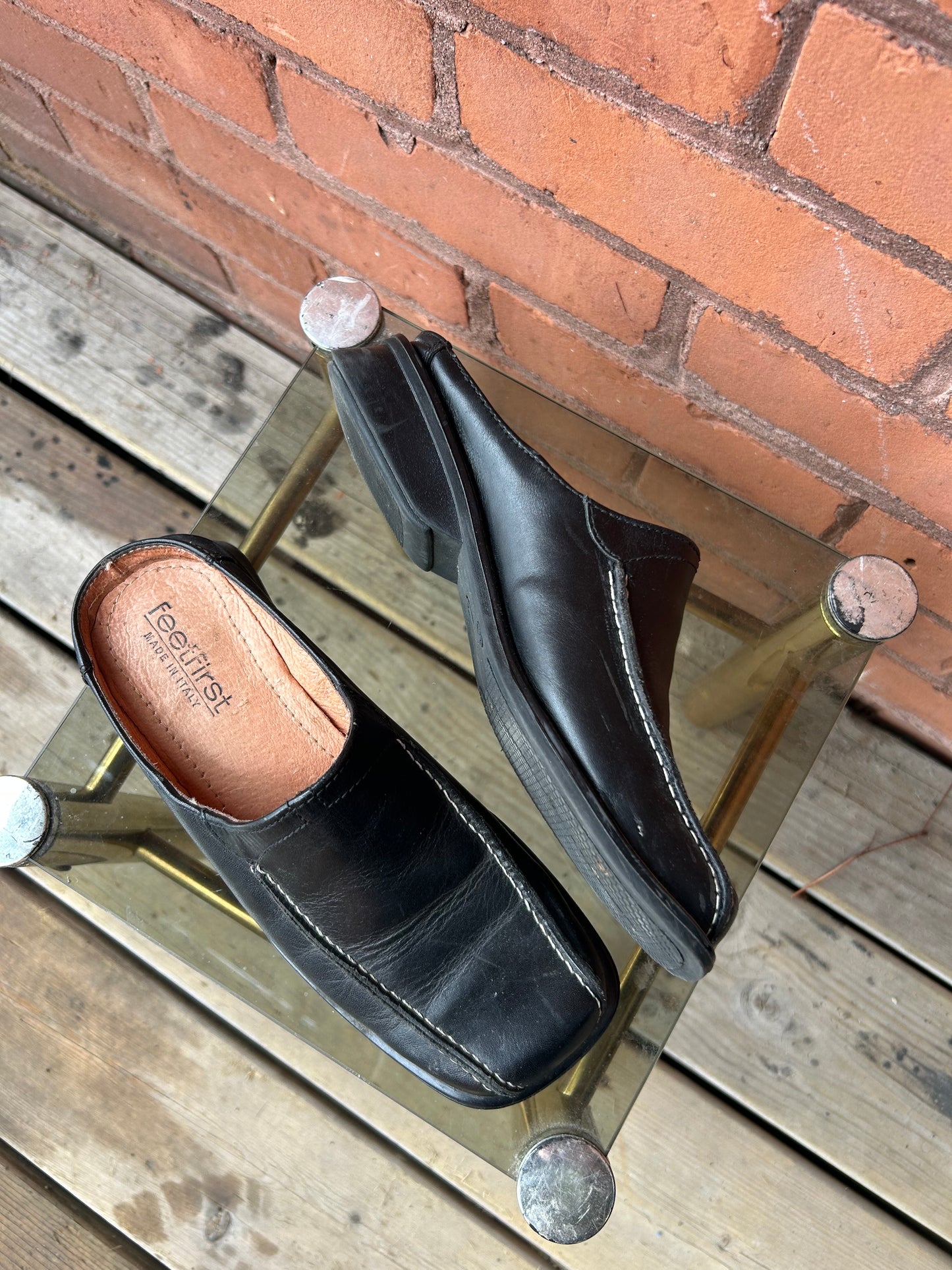 90's Vintage Black Leather Square Toe Mules / Size 6