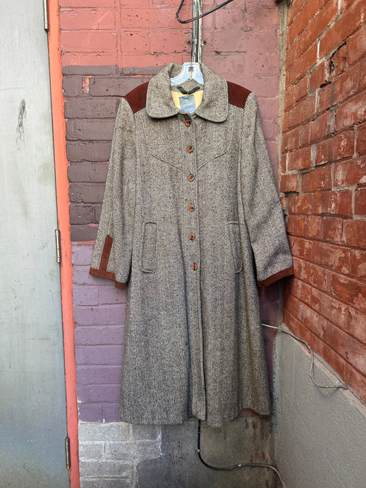 70’s Vintage Brown Wool & Suede Over Coat / Size M