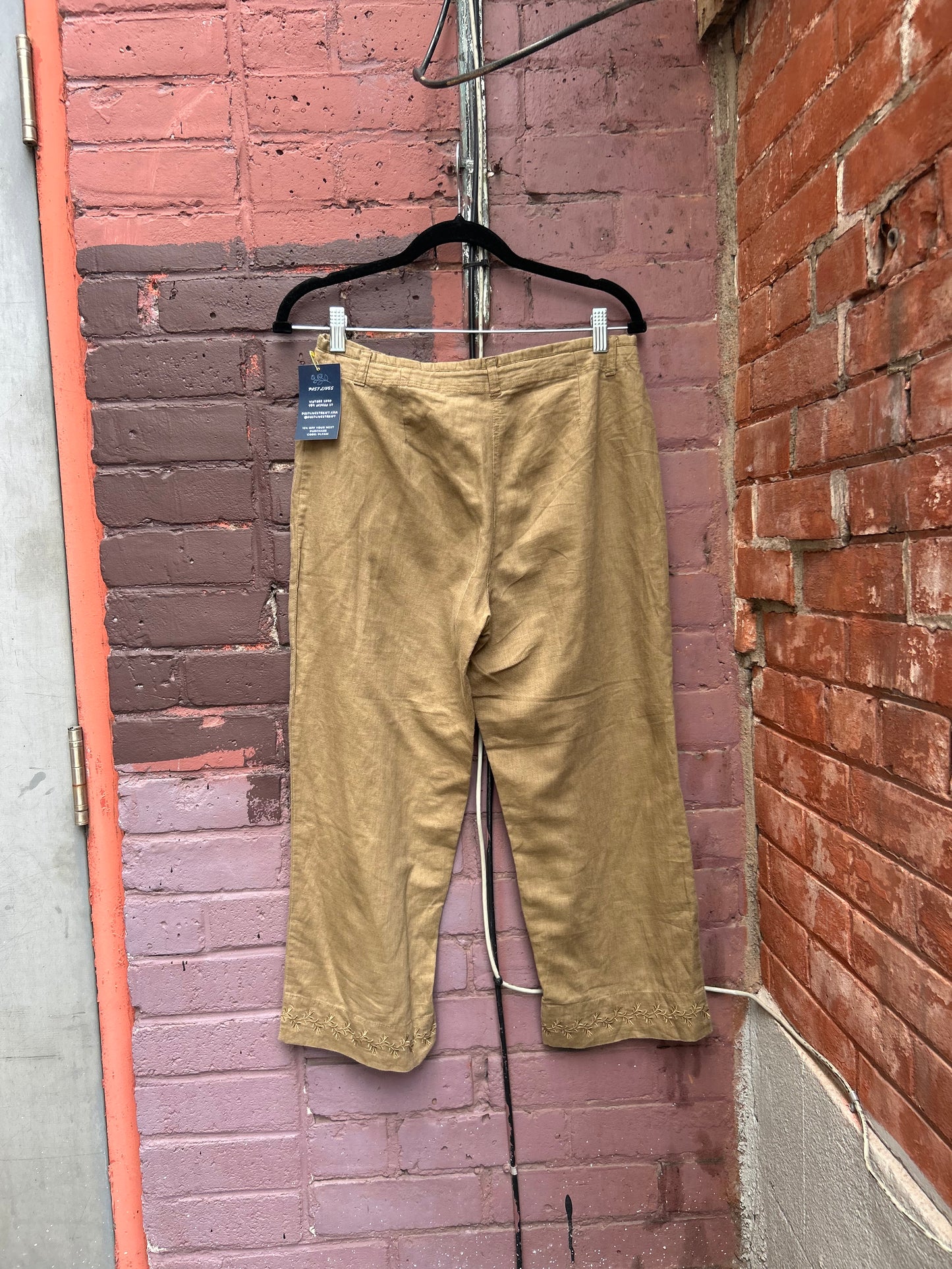 Y2K Vintage Olive Green Linen Embroidered Capris / 30 Waist