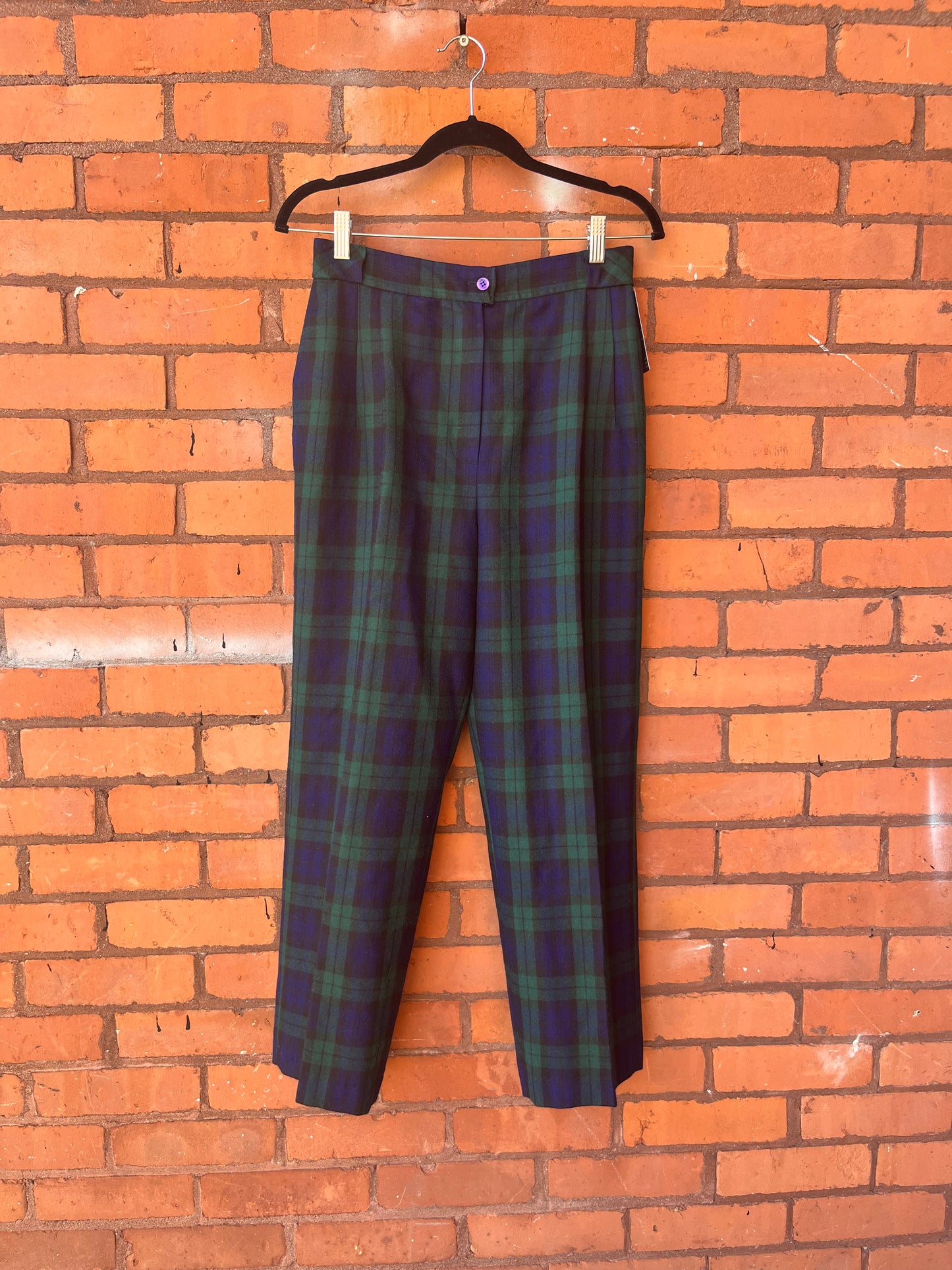 90’s Vintage Green & Navy Plaid Wool Trousers / 29 Waist