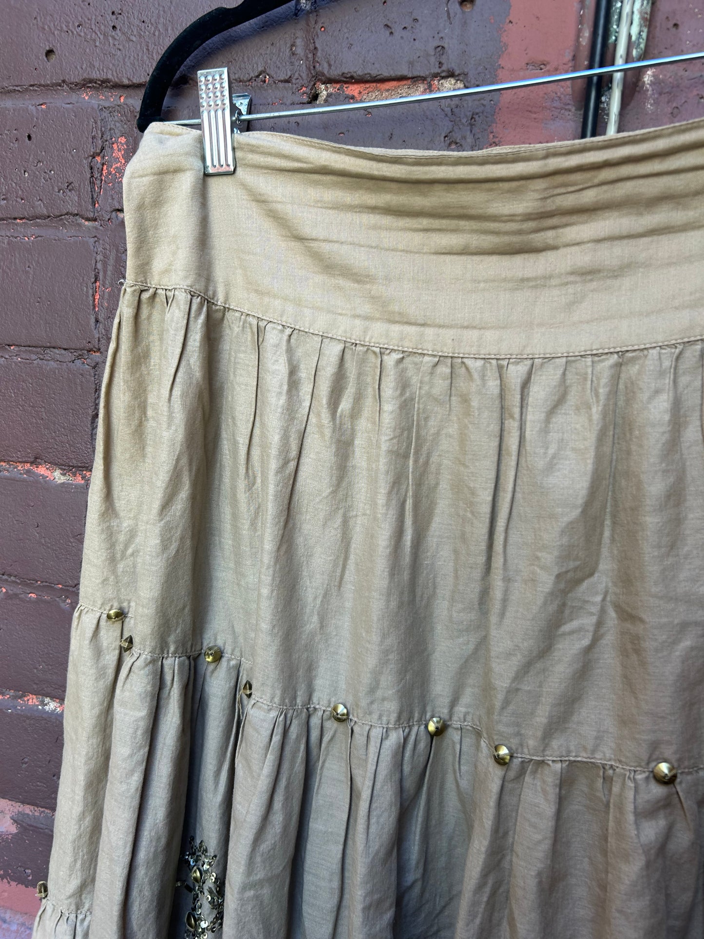 Y2K Vintage Beige Cotton Stud & Sequin Tiered Midi Skirt / 34 Waist