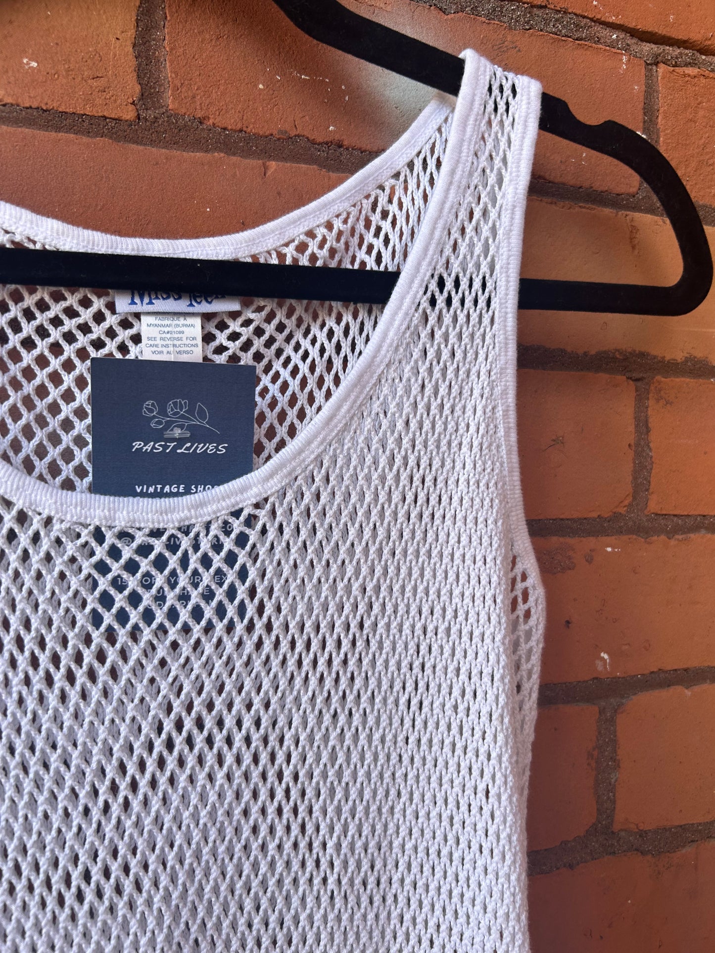 90’s Vintage White Fishnet Cotton Tank Top / Size L