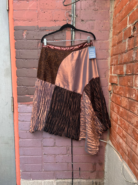 Y2K Vintage Asymmetrical Brown Taffeta Patchwork Skirt / 31 Waist