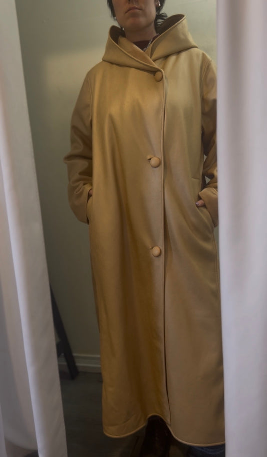 90’s Vintage Linda Lundström Soft Gold Hooded Maxi Over Coat / Size L