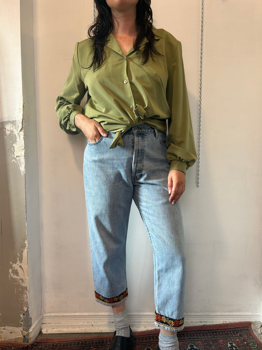 90’s Vintage Green Puff Sleeve Button Down Blouse / Size L