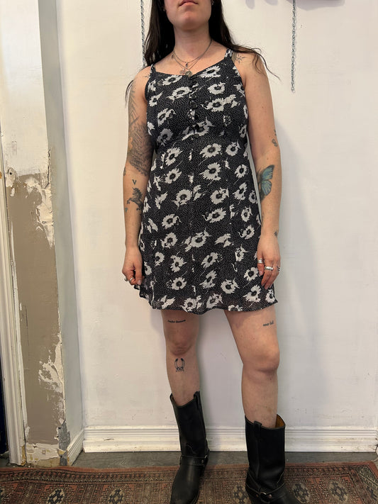 90’s Vintage Black & White Polka Dot Floral Button Down  Mini Dress / Size S