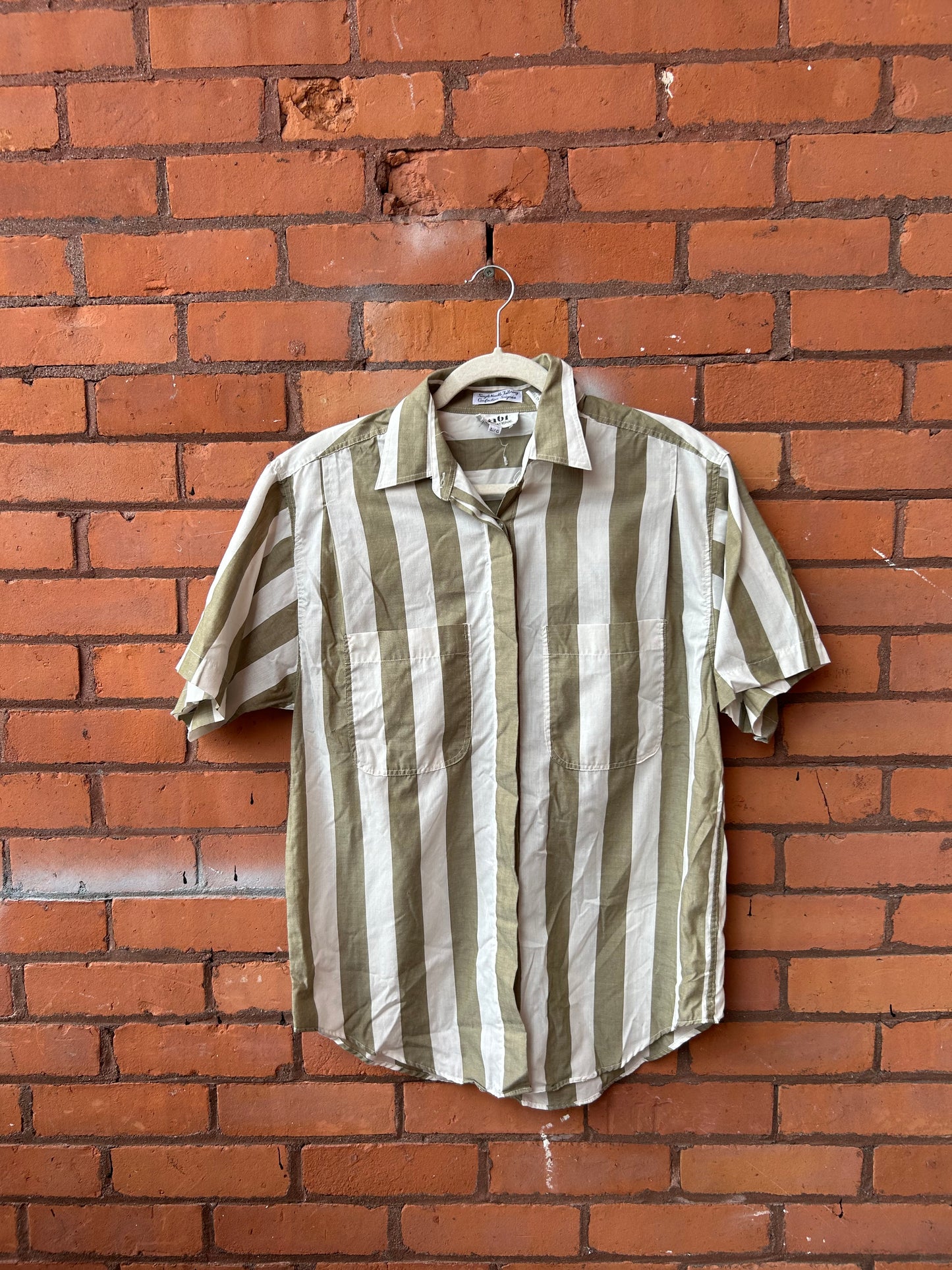 90’s Vintage Bold Olive & White Striped Short Sleeve Button Down / Size L