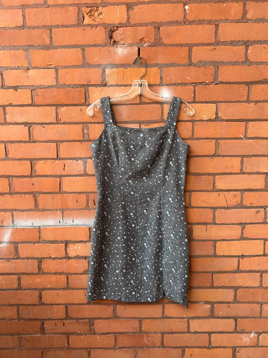 90’s Vintage Grey Floral Notch Midi Dress / Size 8