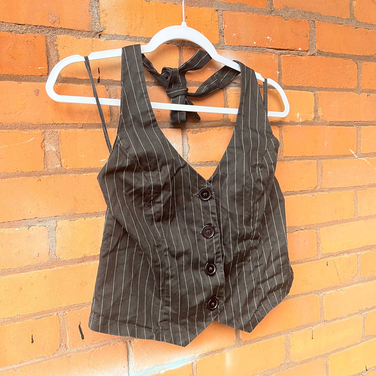 90’s Vintage Black & White Pinstriped Halter Vest Top / Size M