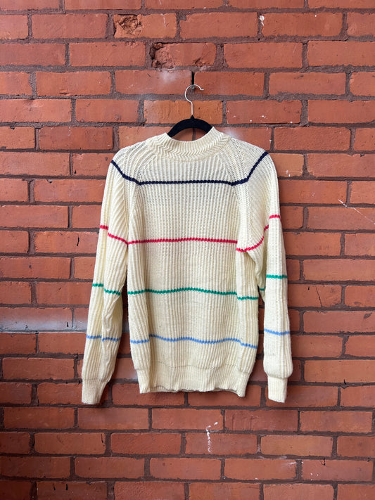90s Vintage Cream Striped Knit Sweater / Size M