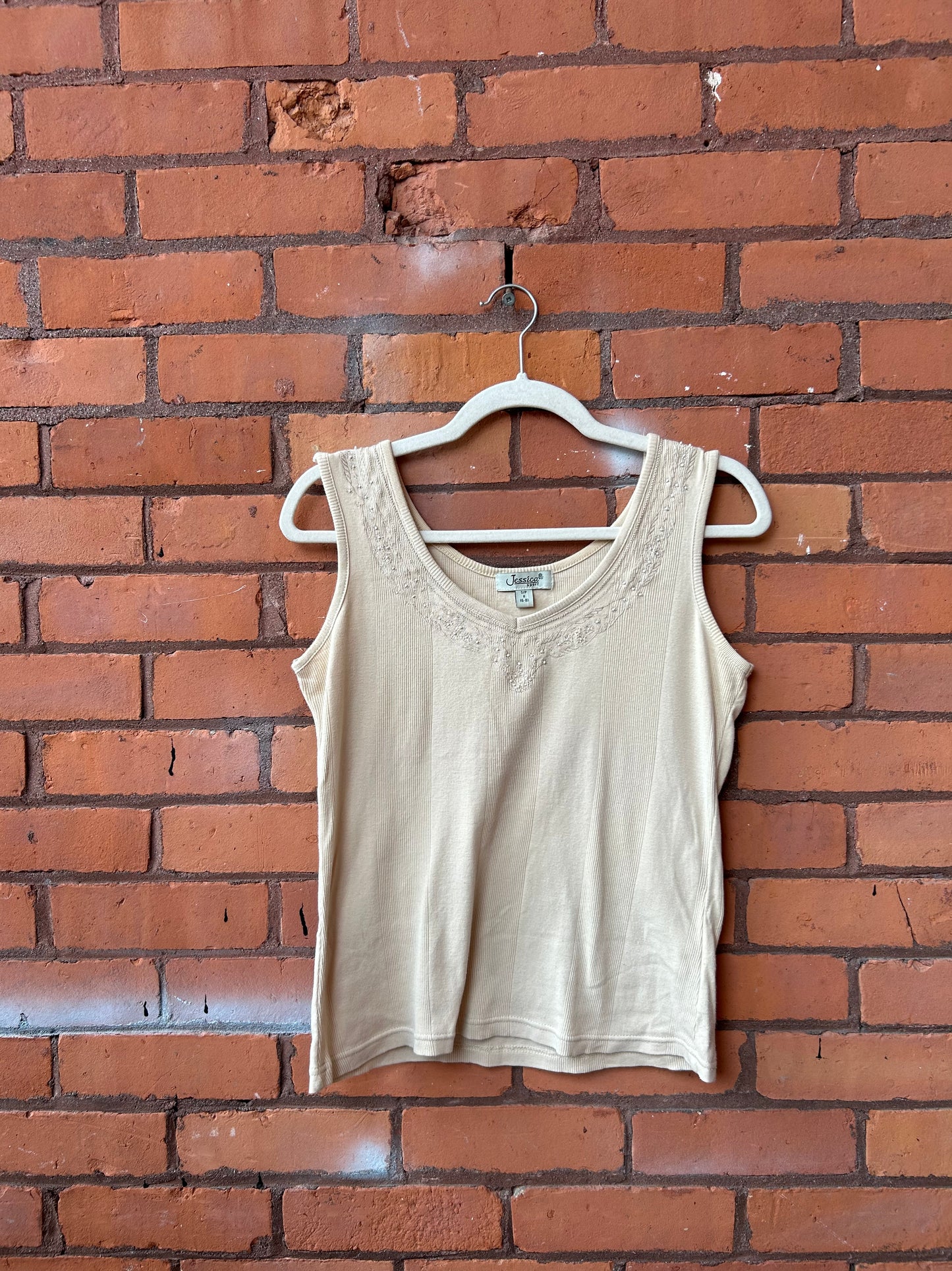 90’s Vintage Beige Beaded Cotton Tank Top / Size M