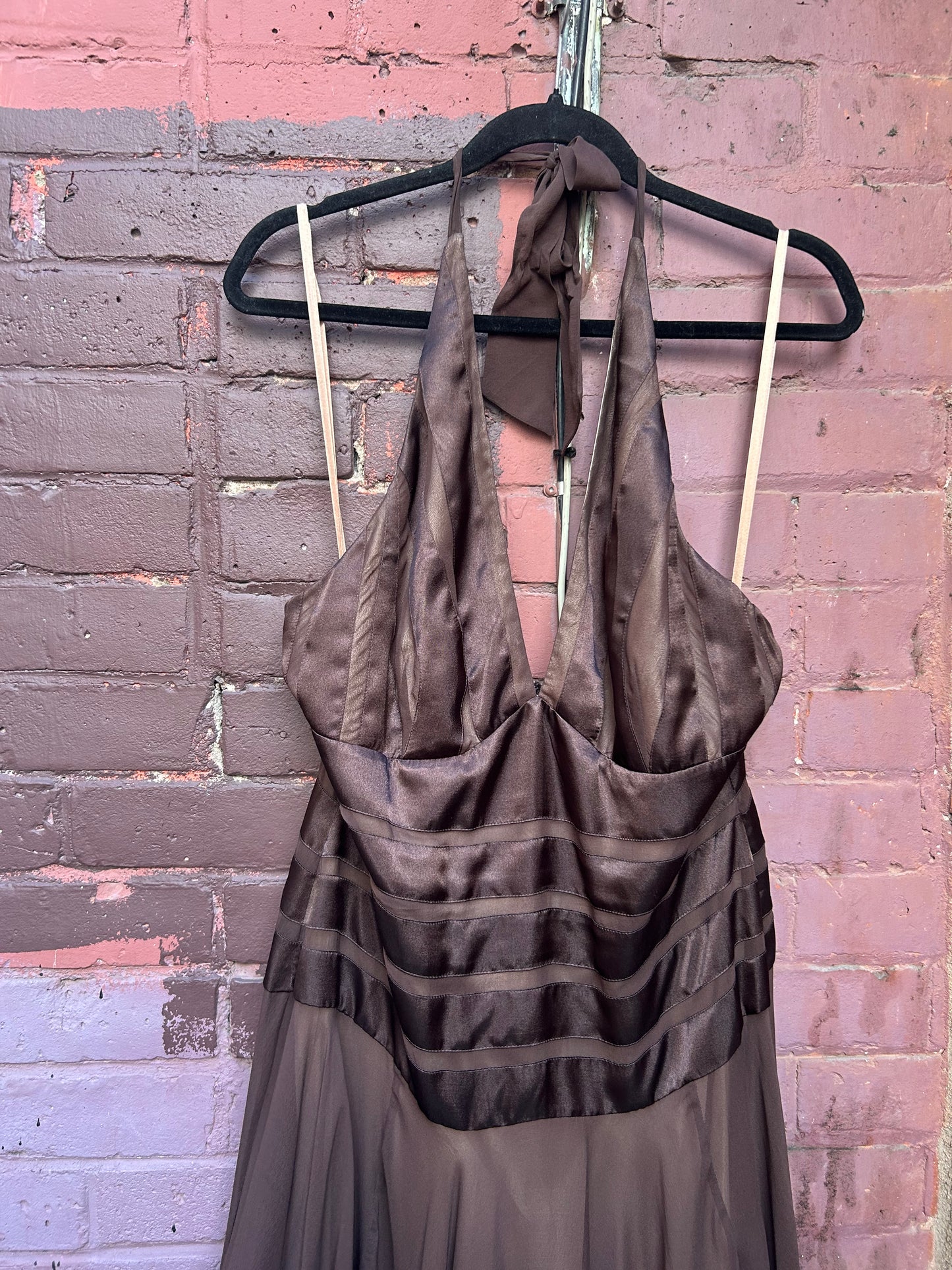 Y2K Vintage Brown Silk Halter Fairy Hem Dress / Size 14