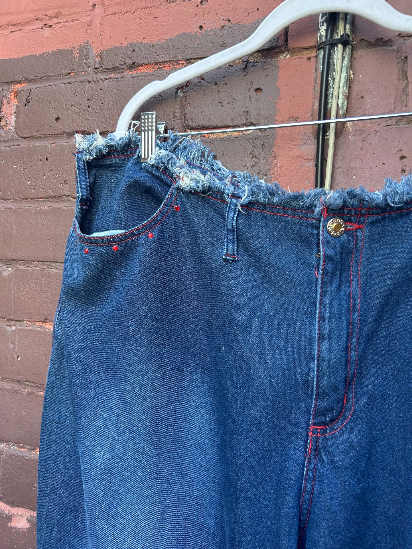 Y2K Vintage Blue & Red Rhinstone Fray Flare Jeans / 44 Waist
