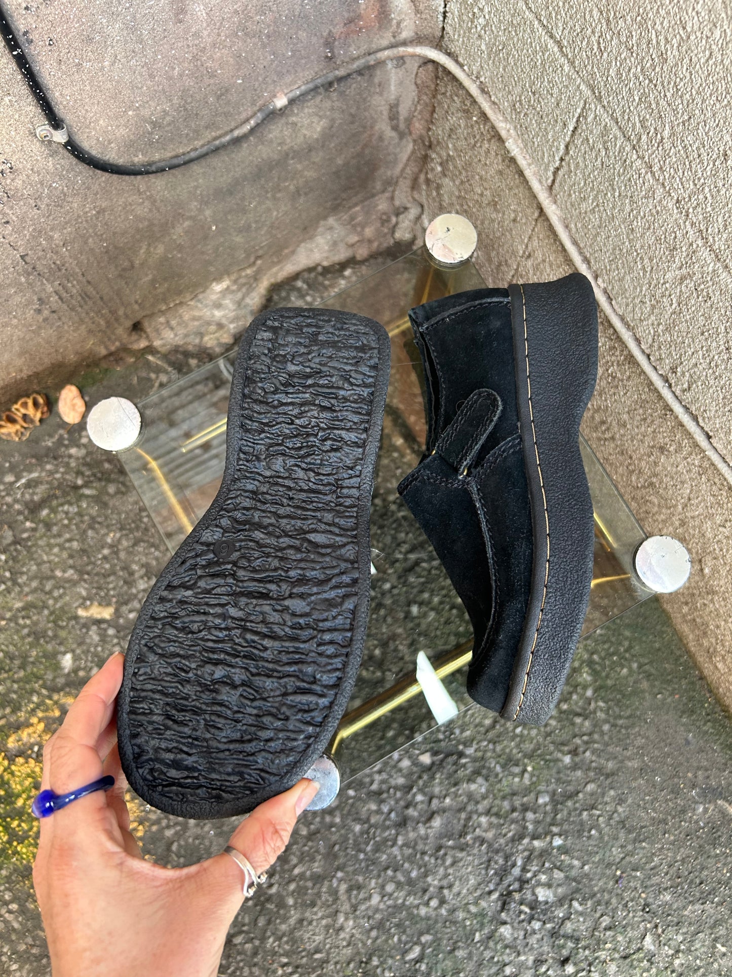 90's Vintage Black Suede Chunky Slip On Loafers / Size 6