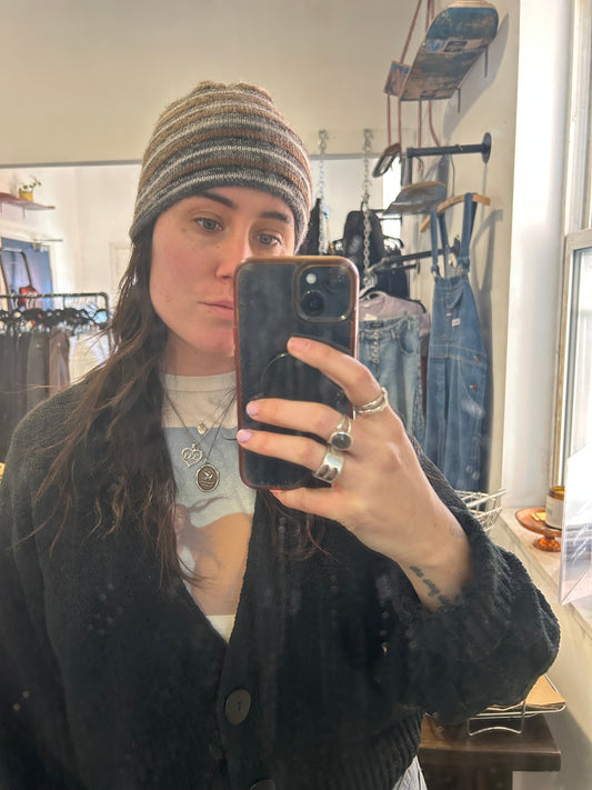 90’s Vintage Neutral Striped & Grey Reversible Wool Toque