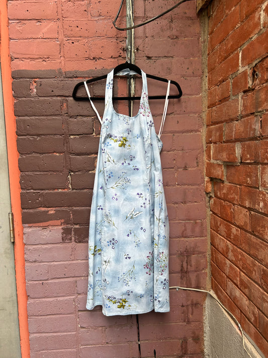 90's Vintage Blue Floral Cotton Halter Dress / Size S