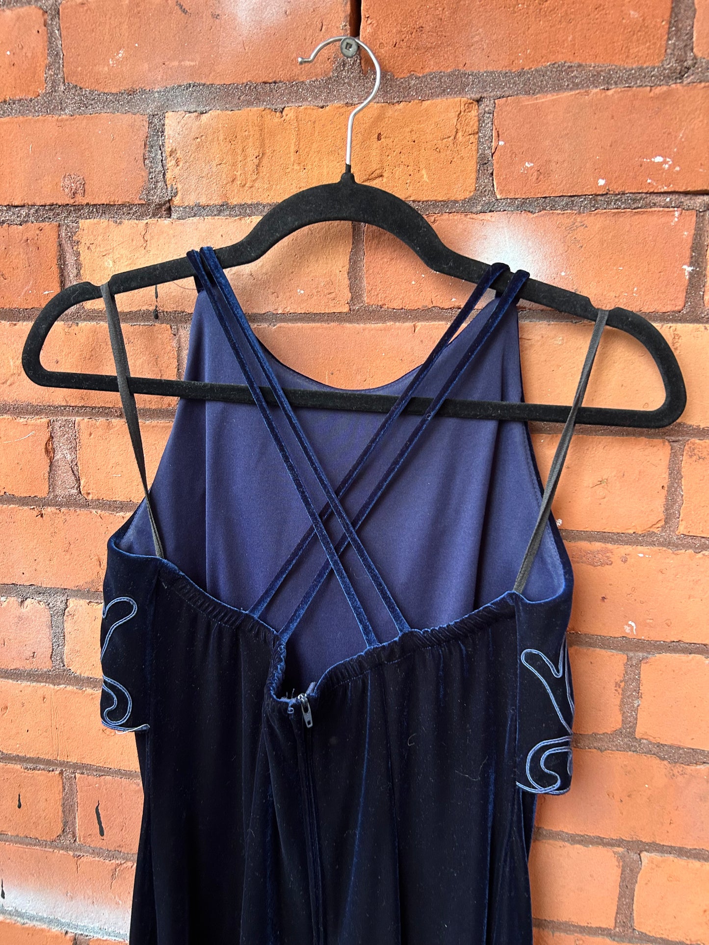 90’s Vintage Midnight Blue Velvet High Neck Maxi Dress / Size 6-8