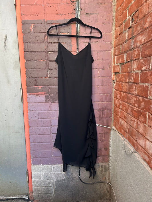 90’s Vintage Black Ruffle Midi Dress / Size 12