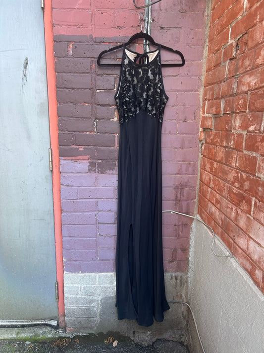 90's Vintage Black Lace High Neck Evening Dress / Size 2