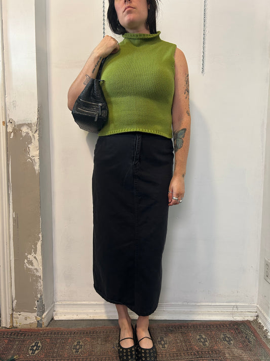 90’s Vintage Black Cotton Midi Skirt / 30 Waist