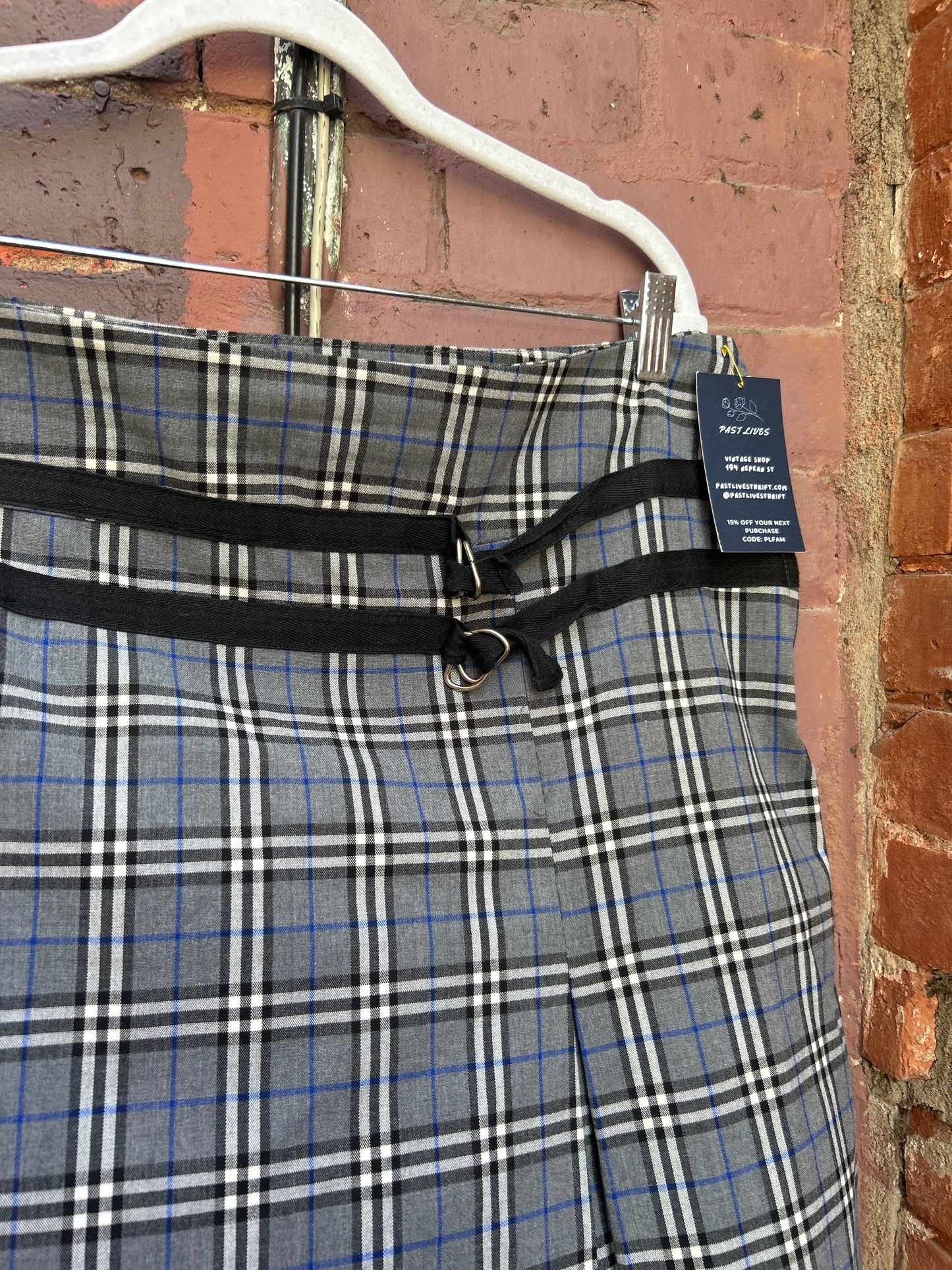 90's Vintage Blue & Grey Plaid Buckle Mini Skirt / 38 Waist