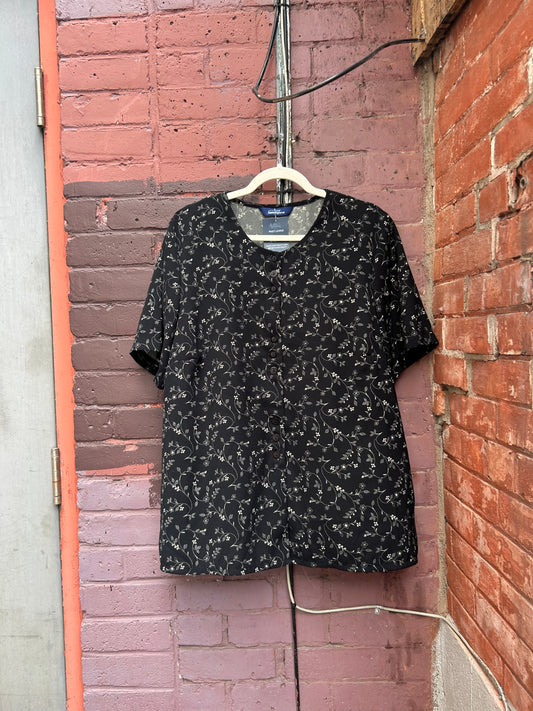 90's Vintage Black & Beige Floral Short Sleeve Blouse / Size XXL